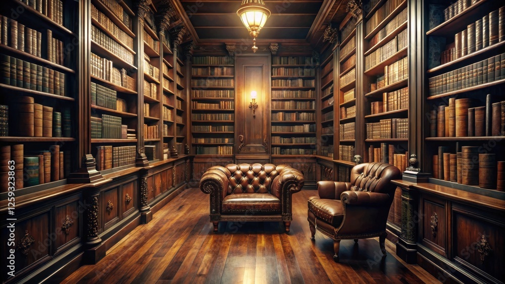 Obraz premium A quiet library with rows of old leather-bound books and soft hushed whispers emanating from within the dimly lit space , reading nook, book storage