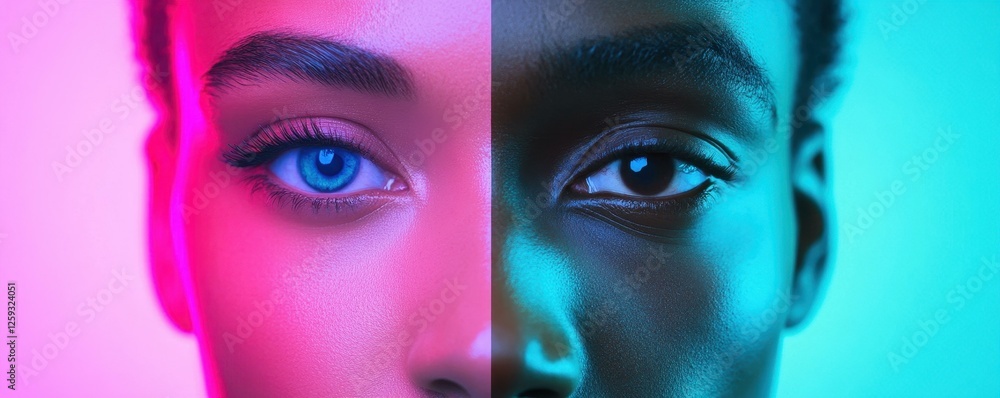 Diversity Faces in Vibrant Neon Light Close Up Display Diversity Faces in Vibrant Neon Light Close Up Display