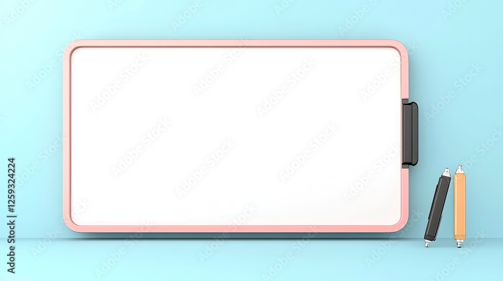Empty whiteboard with colorful pens on a soft blue background, ideal for educational settings Empty whiteboard with colorful pens on a soft blue background, ideal for educational settings
