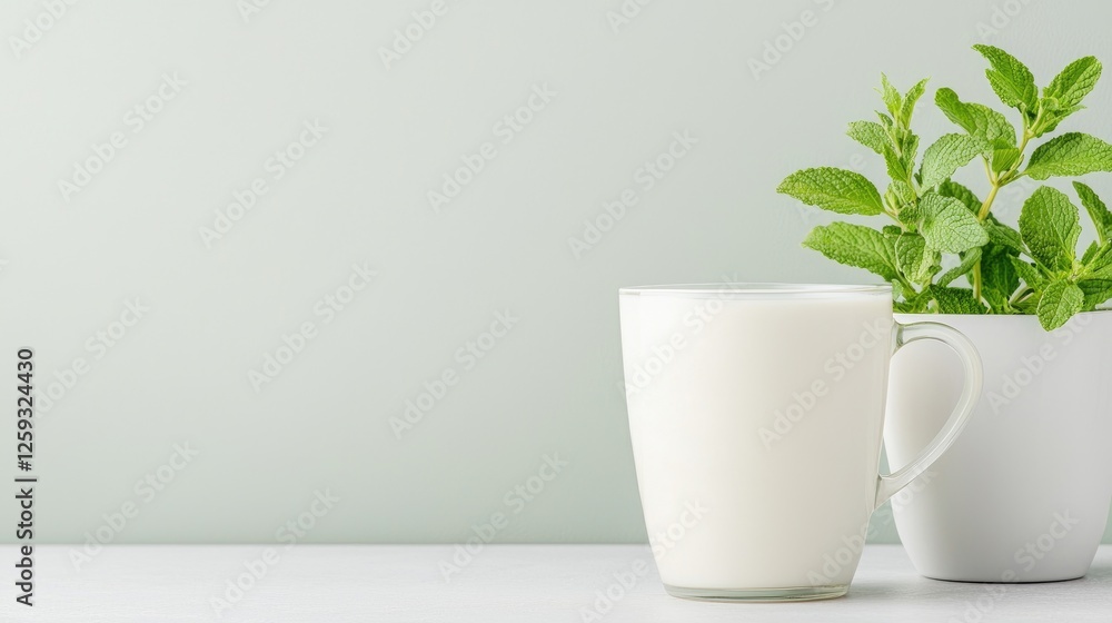 Obraz premium Fresh milk with mint sprigs on a light background