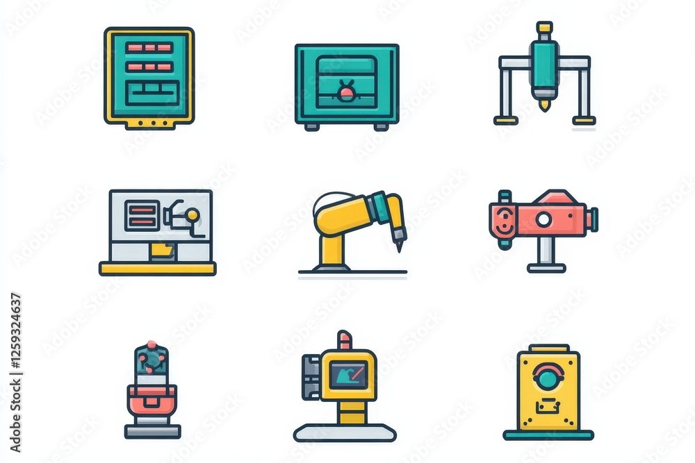 Icons representing assembly lines and automated processes
