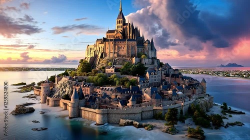 Majestic Mont Saint-Michel at Sunset: A breathtaking panoramic view of the iconic Mont Saint-Michel tidal island, bathed in the golden hues of a dramatic sunset.