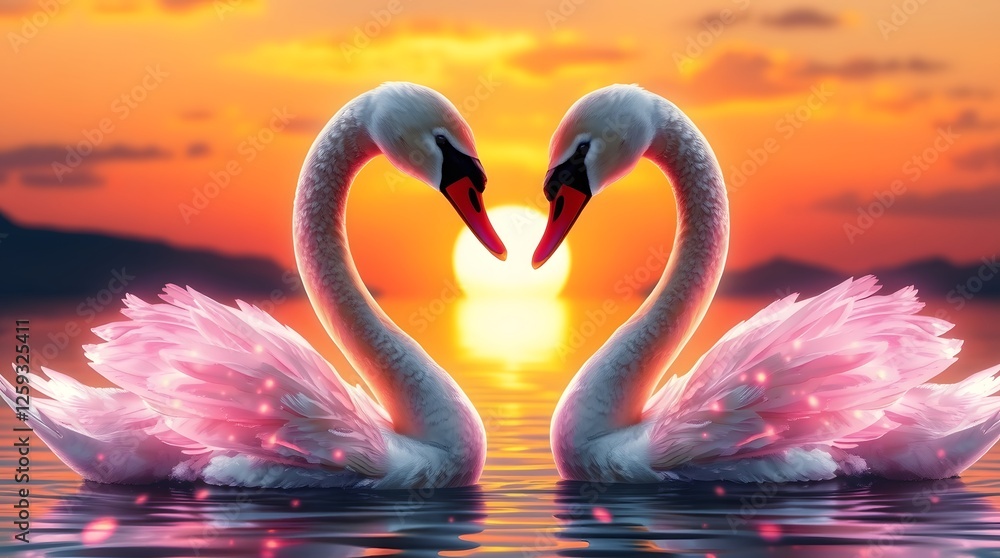 Fototapeta premium Romantic Swans Forming Heart Shape on Water at Sunset Glow