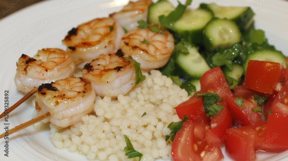 Grilled Shrimp Skewers with Couscous, Cucumber and Tomato Salad Grilled Shrimp Skewers with Couscous, Cucumber and Tomato Salad