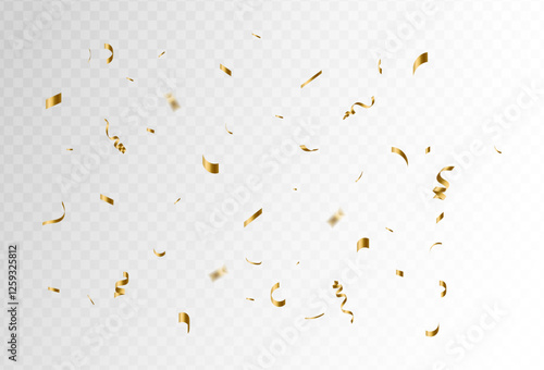 Confetti explosion on transparent background. Shiny golden paper pieces flying and spreading. small and big ribbons. curved. vector illustration.eps 10