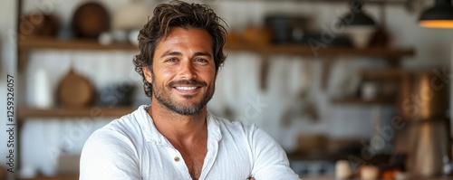 Handsome Man Smiling Warmly Indoors Portrait