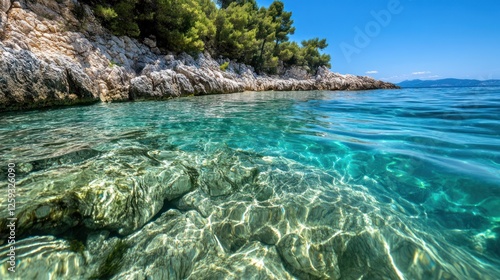 Crystal clear Adriatic sea, rocky coast, pine trees, summer vacation