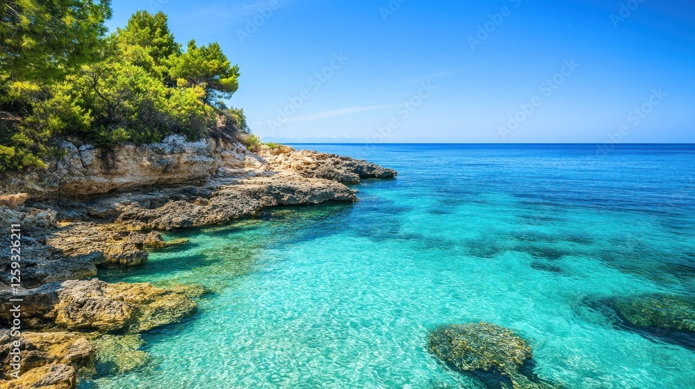 Crystal clear turquoise sea, rocky coast, pine trees, summer vacation Crystal clear turquoise sea, rocky coast, pine trees, summer vacation