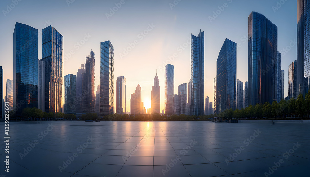 Obraz premium Stunning sunrise cityscape panorama; modern skyscrapers, urban skyline, tranquil plaza. Ideal for corporate, real estate, and travel projects.