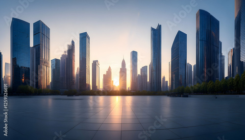 Wallpaper Mural Stunning sunrise cityscape panorama; modern skyscrapers, urban skyline, tranquil plaza. Ideal for corporate, real estate, and travel projects. Torontodigital.ca