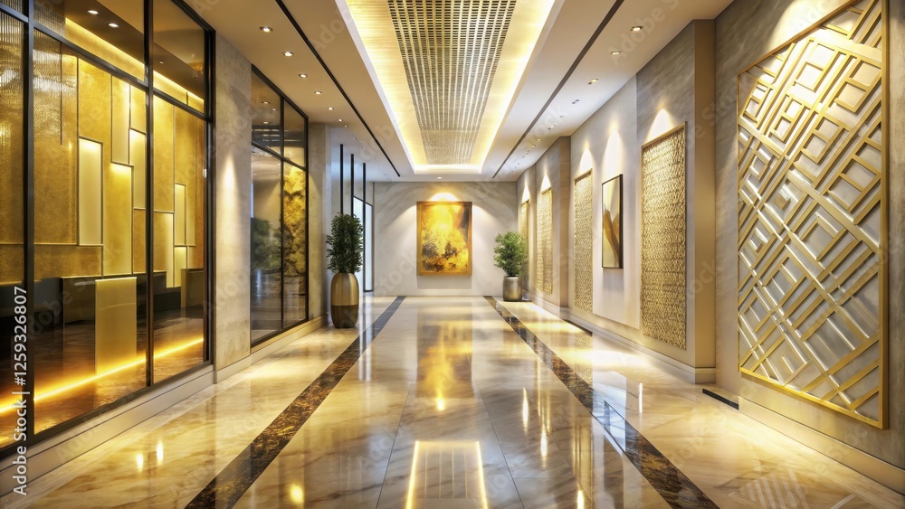 Obraz premium Luxurious Corridor with Golden Accents and Polished Flooring, Featuring Modern Art and Elegant Design