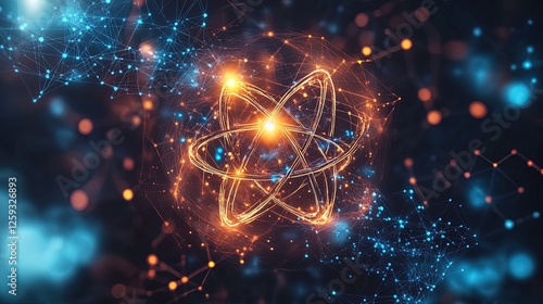 A glowing science-themed background with atomic particles, molecular bonds, and digital grids