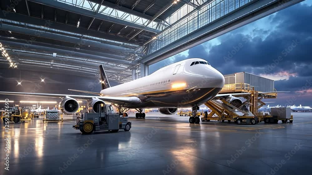 Cargo Plane in Hangar: A large cargo plane, bathed in the soft glow of artificial light, stands majestically inside a spacious hangar. The open hangar doors reveal a dramatic twilight sky. Cargo Plane in Hangar: A large cargo plane, bathed in the soft glow of artificial light, stands majestically inside a spacious hangar. The open hangar doors reveal a dramatic twilight sky.