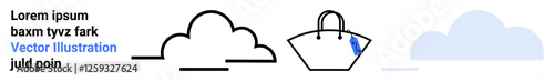 Black contour cloud, minimal tote bag with blue accent, and soft blue cloud shape. Ideal for e-commerce, retail, storage, shopping trends, sustainability, cloud services flat landing page banner