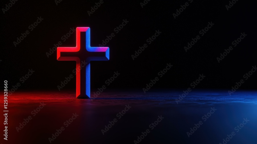 Fototapeta premium Religious Cross Symbol Lit in Red and Blue for Faith and Belief in Dark Dramatic Setting
