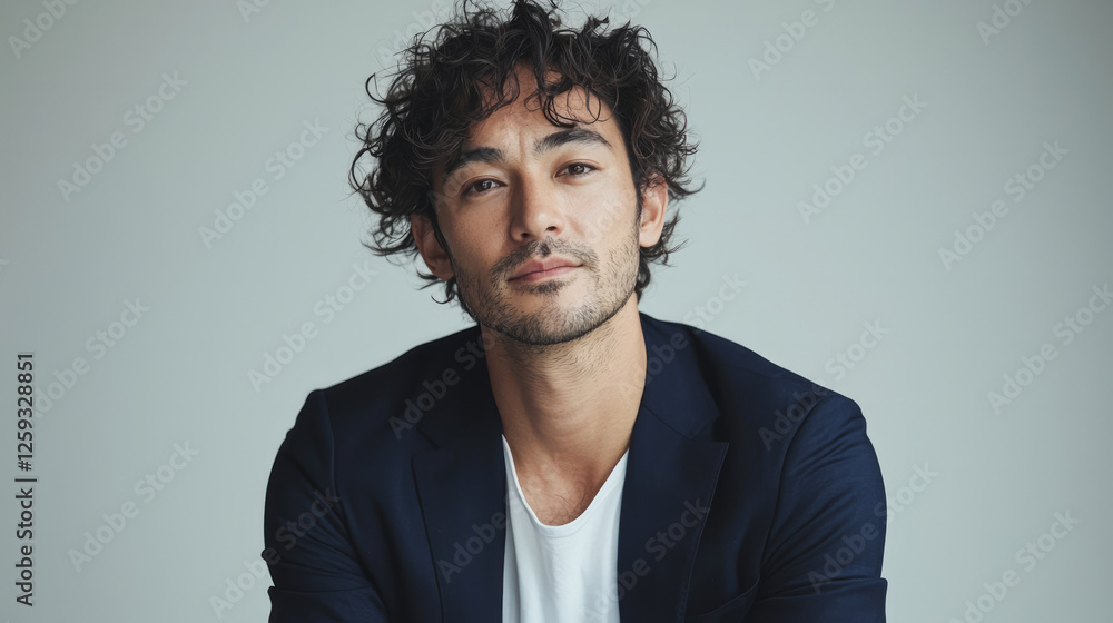 Obraz premium A man with curly hair, wearing a navy blue suit and a white t-shirt, generative AI