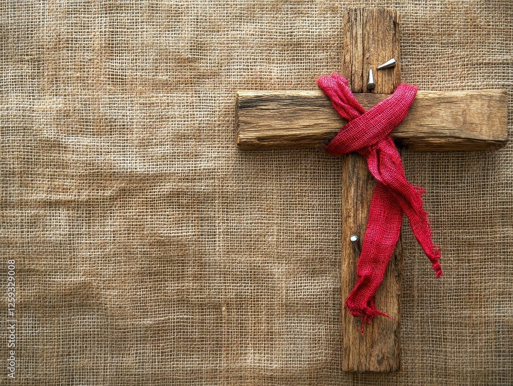 Rustic Wooden Cross with Red Cloth on Burlap Texture