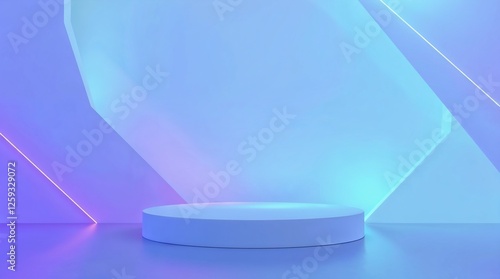 3D rendered abstract white geometric background with a gray podium. Bioluminescent glow in cool blues, greens, and purples.