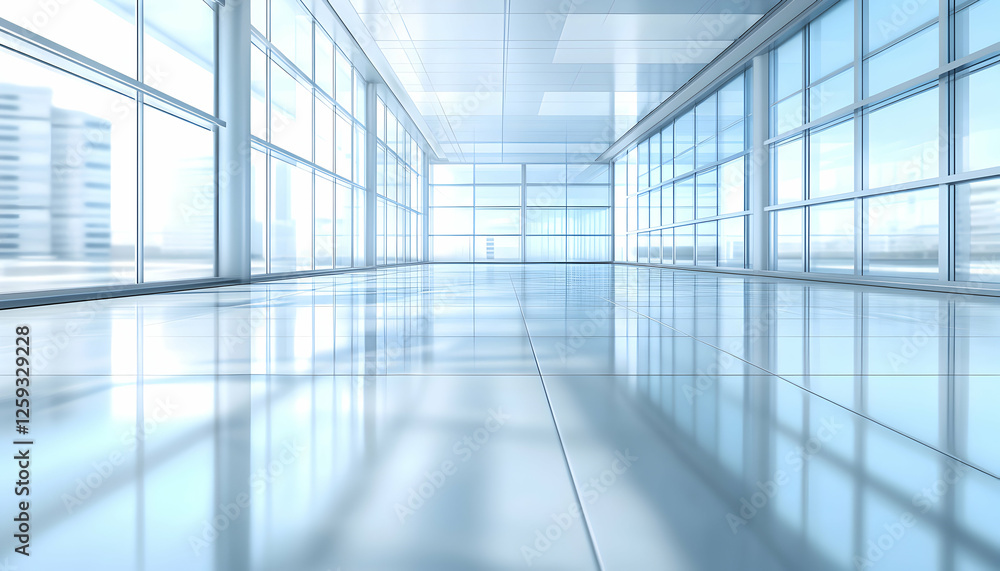 Obraz premium Modern spacious office interior with panoramic windows and polished floors, ideal for business presentations or showcasing architectural design.