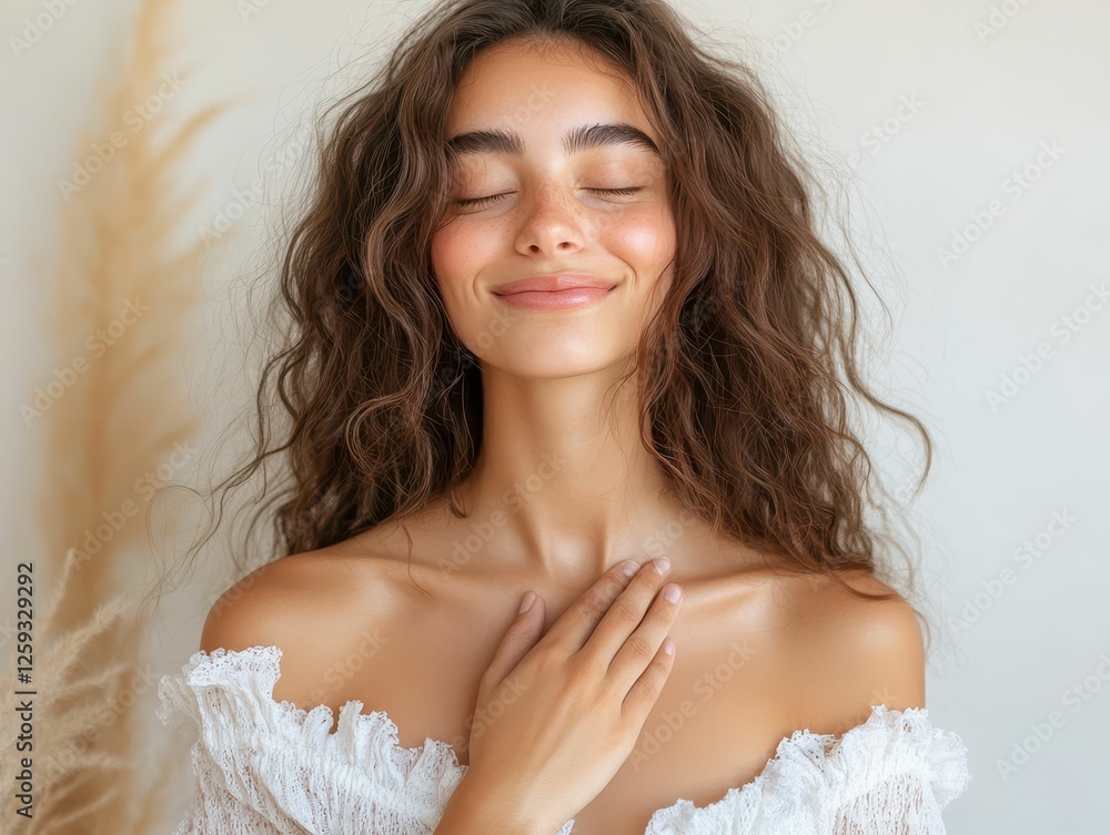Serene Woman with Eyes Closed Embracing Self-Care Moment Serene Woman with Eyes Closed Embracing Self-Care Moment