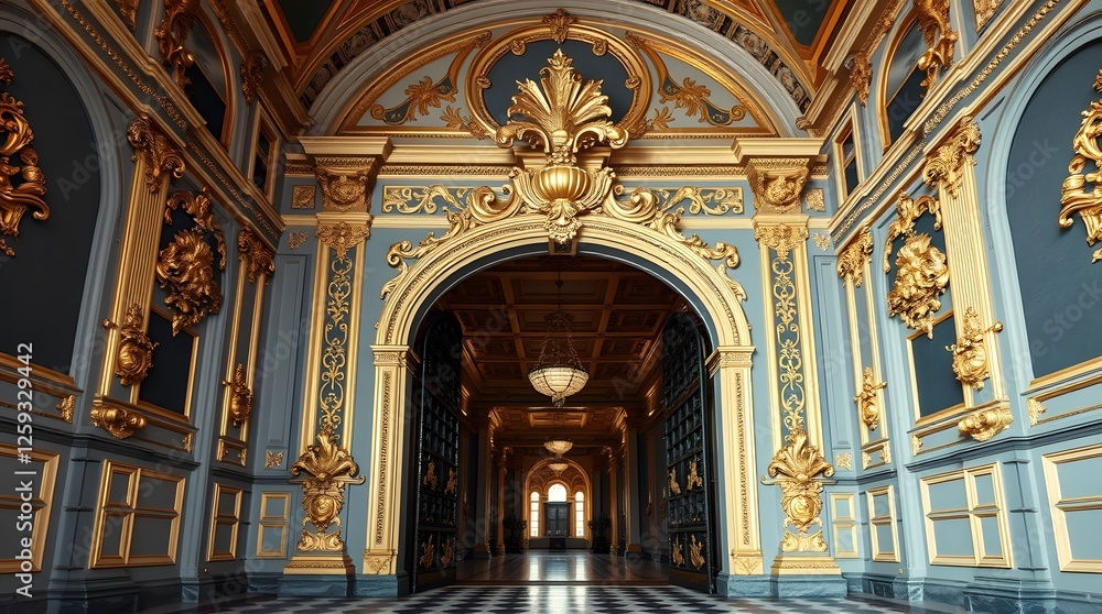 Obraz premium Ornate Hallway with Golden Details and Arches Creates a Sense of Grandeur