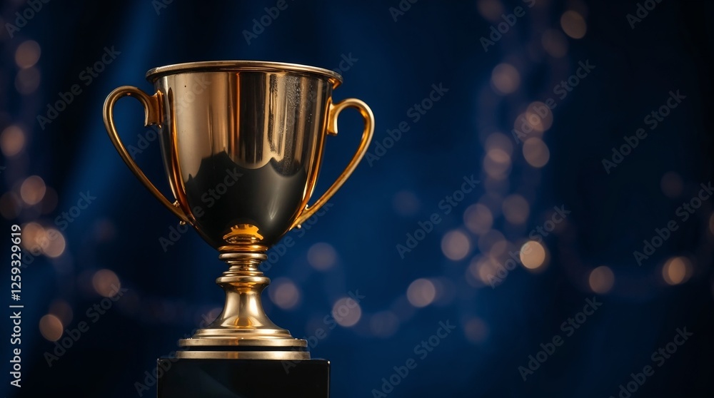 Close-up shot, distinct split sections, detailed focus on a golden trophy cup against a dark blue background Close-up shot, distinct split sections, detailed focus on a golden trophy cup against a dark blue background