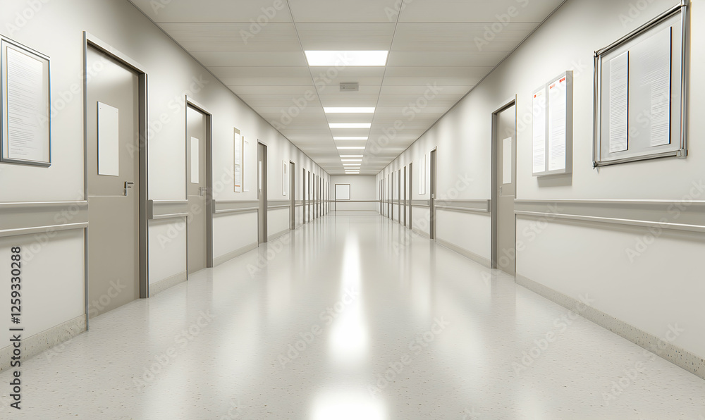 Fototapeta premium Long, empty hospital corridor; sterile, clean, bright lighting; medical facility interior; perspective view.