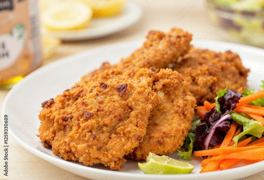 crispy fried chicken on a plate with salad and carrot crispy fried chicken on a plate with salad and carrot