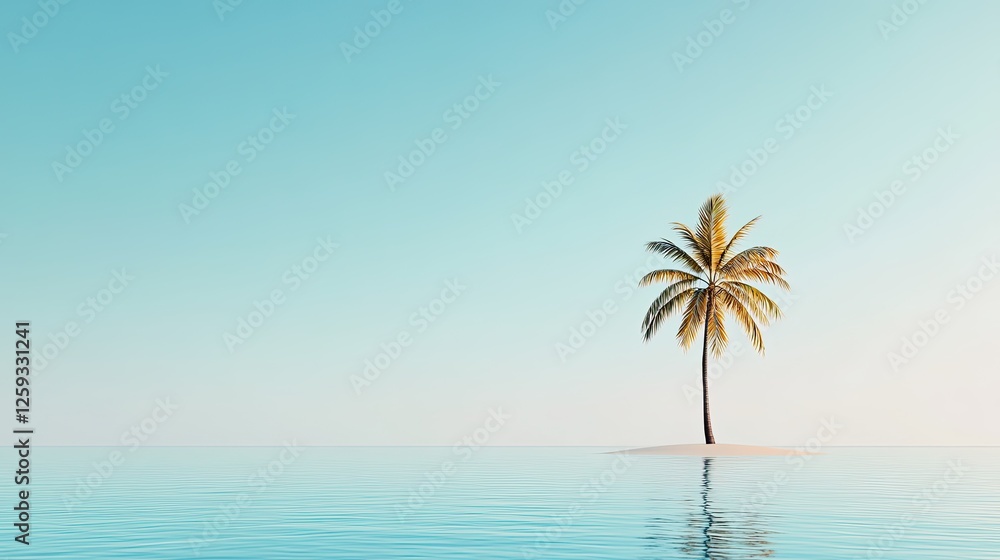 Fototapeta premium Serene tropical landscape featuring a solitary palm tree on a tranquil shoreline at sunset