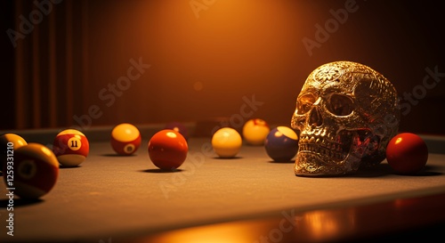 Ornate Golden Skull on Billiards Table with Balls in Moody Lighting