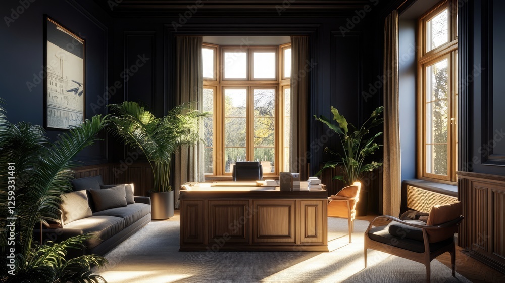 A comfortable office with navy walls, warm wooden furniture, and a large window letting in sunlight. A comfortable office with navy walls, warm wooden furniture, and a large window letting in sunlight.
