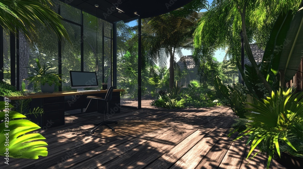 A contemporary office space with navy tones, wooden floors, and greenery for a fresh look. A contemporary office space with navy tones, wooden floors, and greenery for a fresh look.