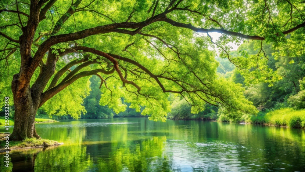 A serene tree with lush green foliage hanging over a tranquil river, its branches gently swaying in the breeze, creating a sense of calm and tranquility , natural, outdoor A serene tree with lush green foliage hanging over a tranquil river, its branches gently swaying in the breeze, creating a sense of calm and tranquility , natural, outdoor