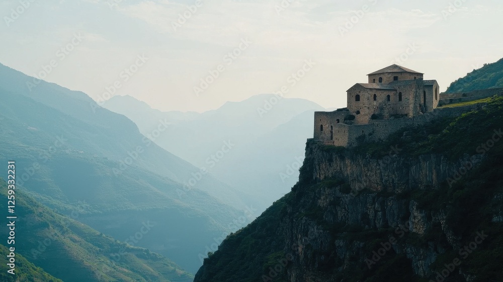 Ancient Stone Building on Cliffside Overlooking Lush Green Valley Ancient Stone Building on Cliffside Overlooking Lush Green Valley