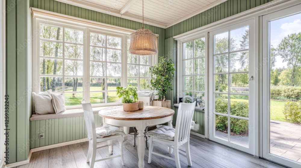 A cozy breakfast nook with mint green walls, white chairs, and a rustic wooden table. A cozy breakfast nook with mint green walls, white chairs, and a rustic wooden table.