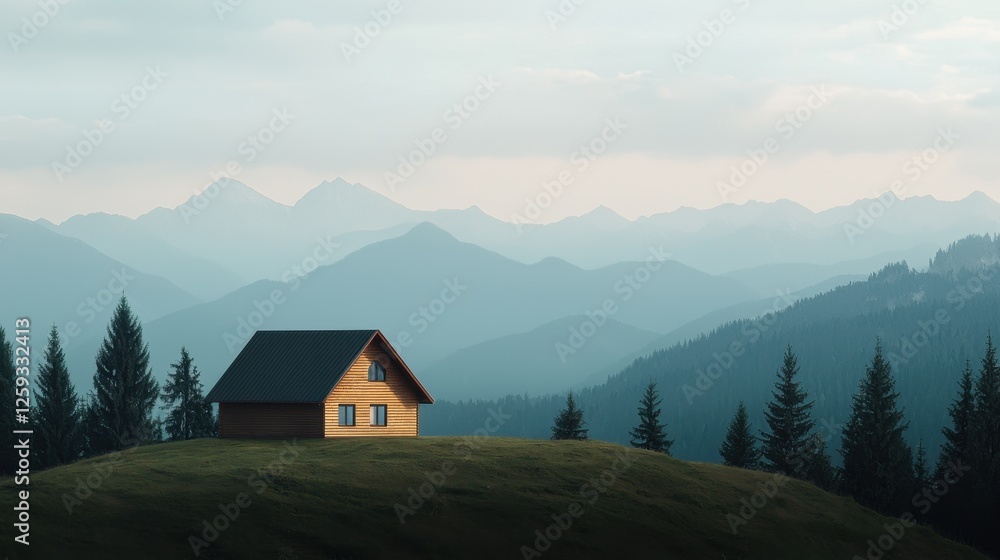 Serene Mountain Landscape with Cozy Cabin Amidst Tall Evergreen Trees Serene Mountain Landscape with Cozy Cabin Amidst Tall Evergreen Trees