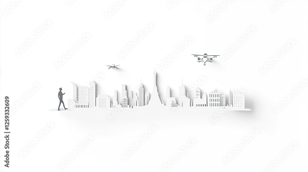 A minimalist cityscape featuring a person walking, drones flying overhead, and urban architecture A minimalist cityscape featuring a person walking, drones flying overhead, and urban architecture