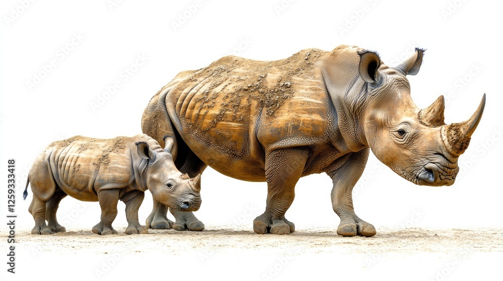 Fototapeta premium Mother and baby rhinoceros walking together on a sandy surface in a natural habitat setting
