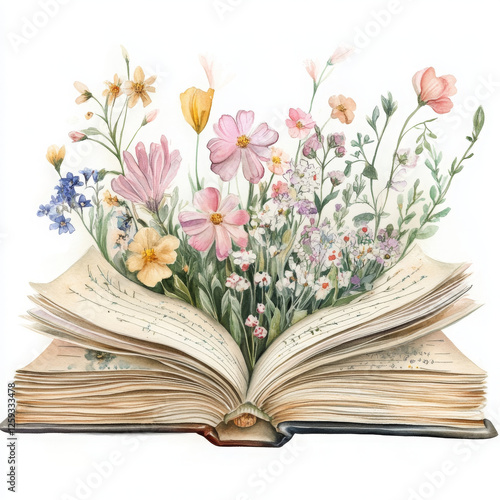 Fototapeta Naklejka Na Ścianę i Meble -  Boho style watercolor flowers bloom from book, creating magical ambiance