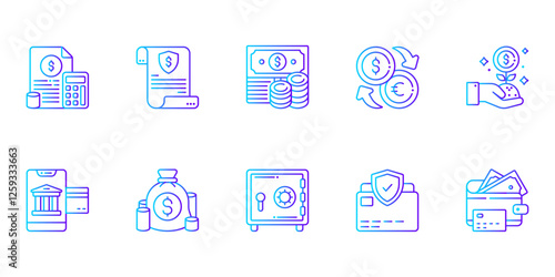 Finance and Banking Linear Gradient Icons Set, Digital Money Concept