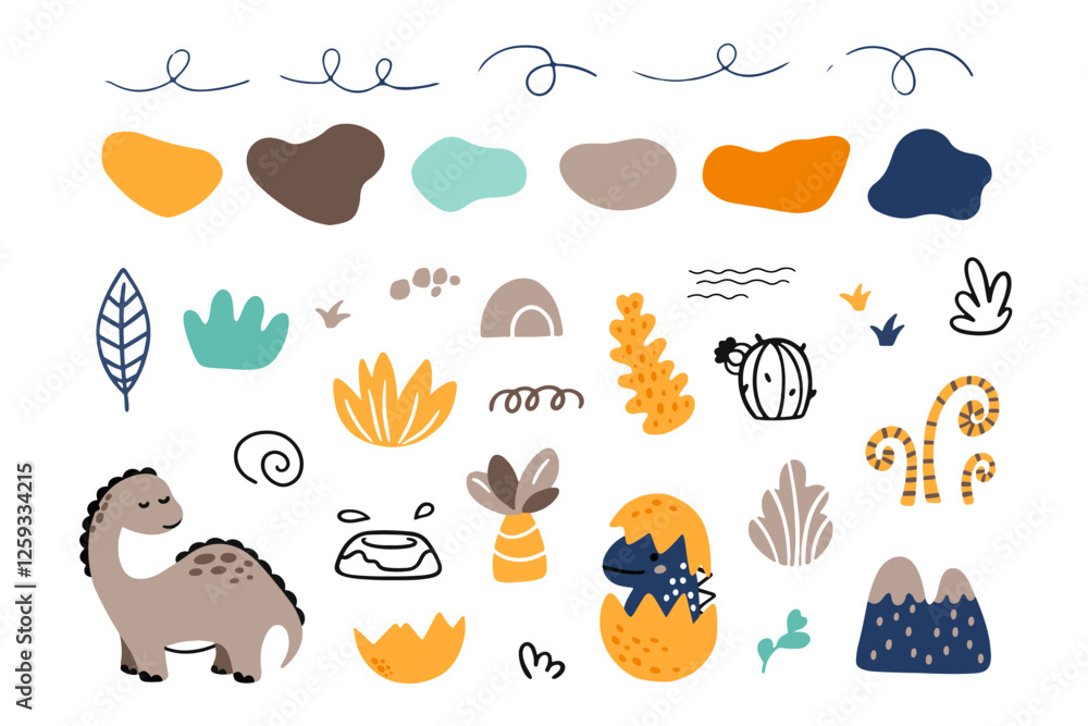 Naklejka premium Cute vector set with different dinosaurs, mountains, volcanoes, palm trees, clouds, eggs, footprints. Vector illustration. Creative children's animals.