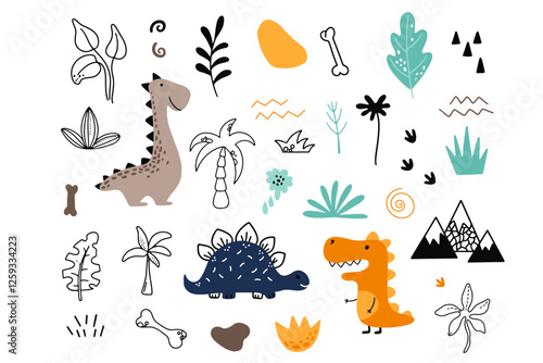 Cute vector set with different dinosaurs, mountains, volcanoes, palm trees, clouds, eggs, footprints. Vector illustration. Creative children's animals.