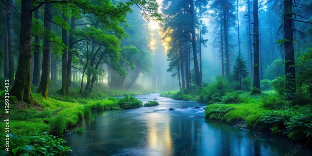 Obraz premium Serene forest at dusk with misty fog rolling in amidst tall trees and lush greenery