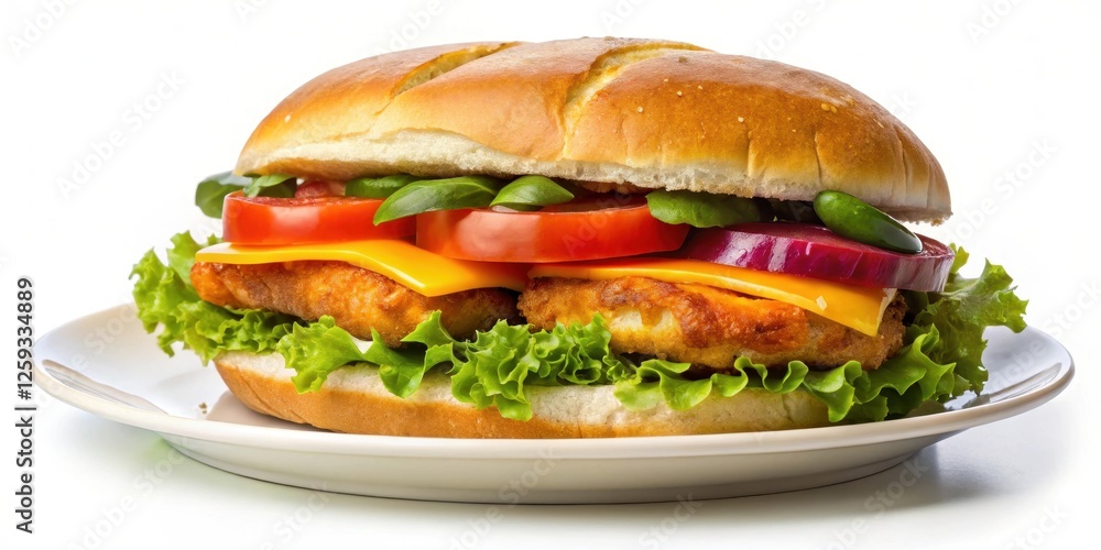 Delicious chicken sandwich on a plate with isolated vegetables and background transparent , lunch, , lunch Delicious chicken sandwich on a plate with isolated vegetables and background transparent , lunch, , lunch