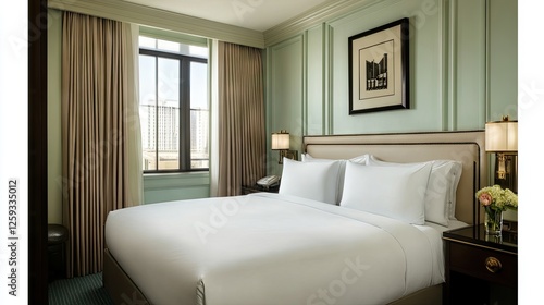 A luxury master suite with mint green walls, a white king-size bed, and stylish lighting.