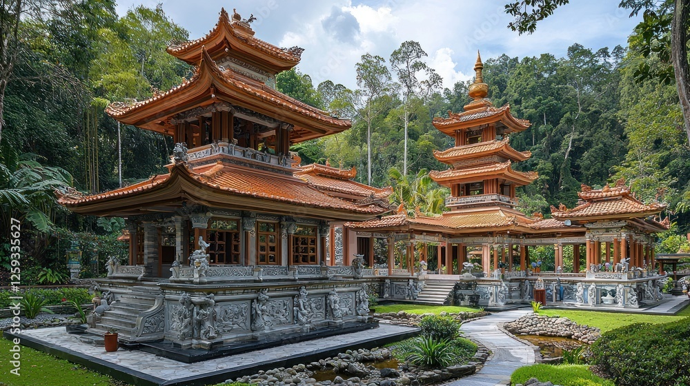 Fototapeta premium Elegant Asian Temple Structures Nestled Amongst Lush Greenery