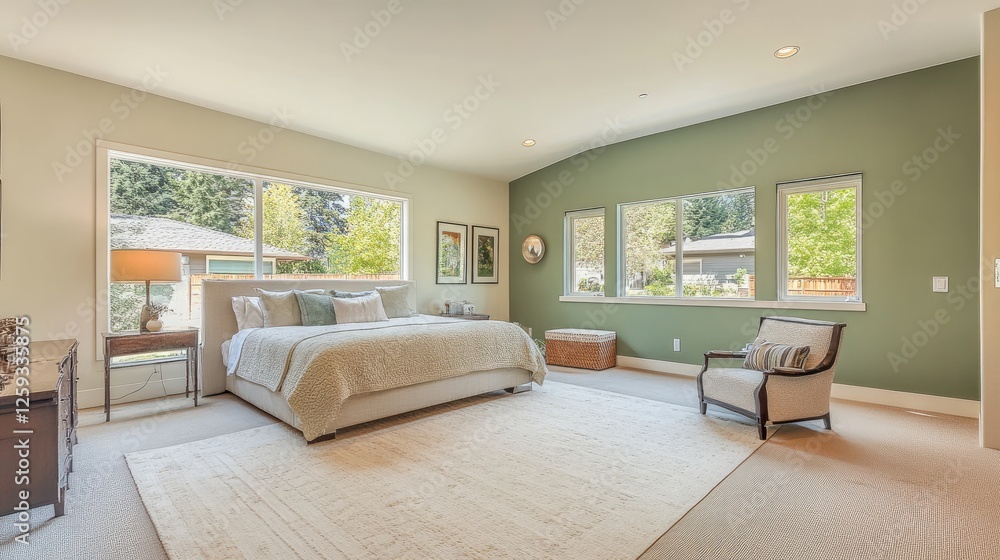 Fototapeta premium A mint green accent wall in a contemporary bedroom, complemented by neutral decor.