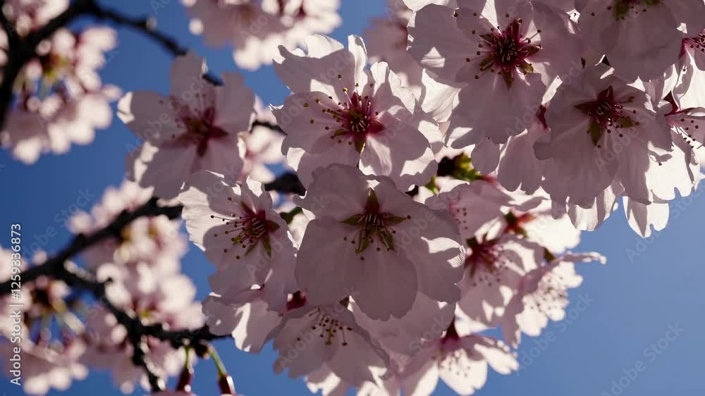 Close-up video of cherry blossoms against a clear blue sky, captured from a low angle, highlighting delicate petals and vibrant spring colors. Close-up video of cherry blossoms against a clear blue sky, captured from a low angle, highlighting delicate petals and vibrant spring colors.