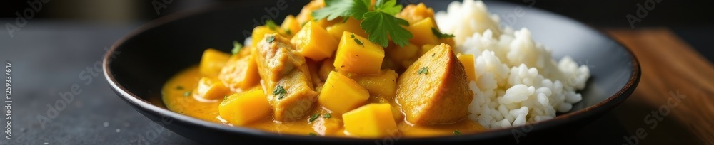Rich turkey curry with sweet mango, served on black plate with fluffy rice, restaurant food, golden Rich turkey curry with sweet mango, served on black plate with fluffy rice, restaurant food, golden