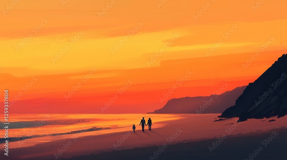 Obraz premium Family Walking on Beach at Sunset with Vibrant Orange Sky
